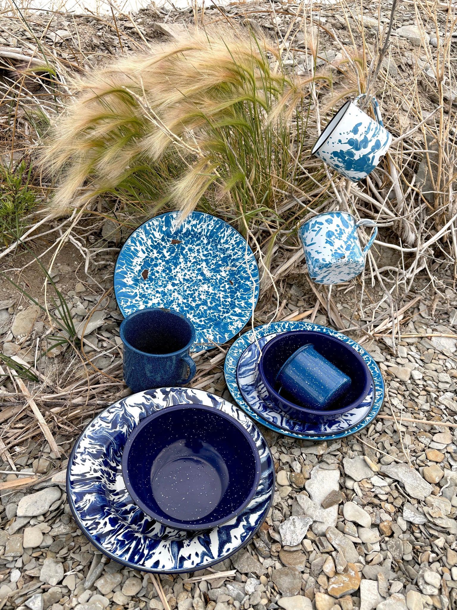 Set of Mixed Blue and White Enamelware Dishes