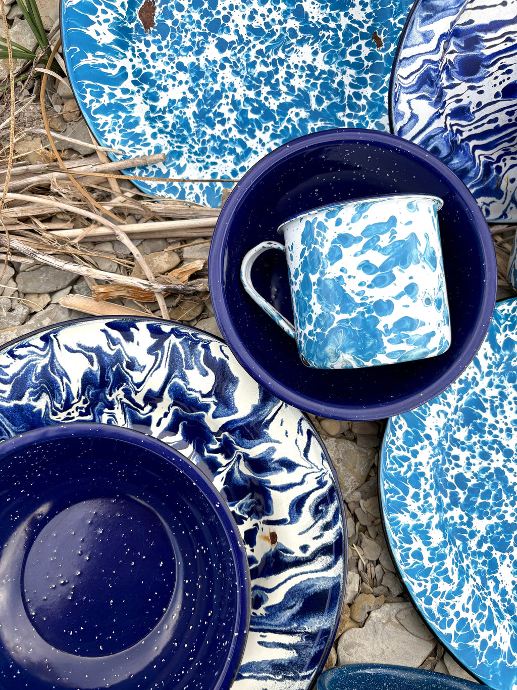 Set of Mixed Blue and White Enamelware Dishes