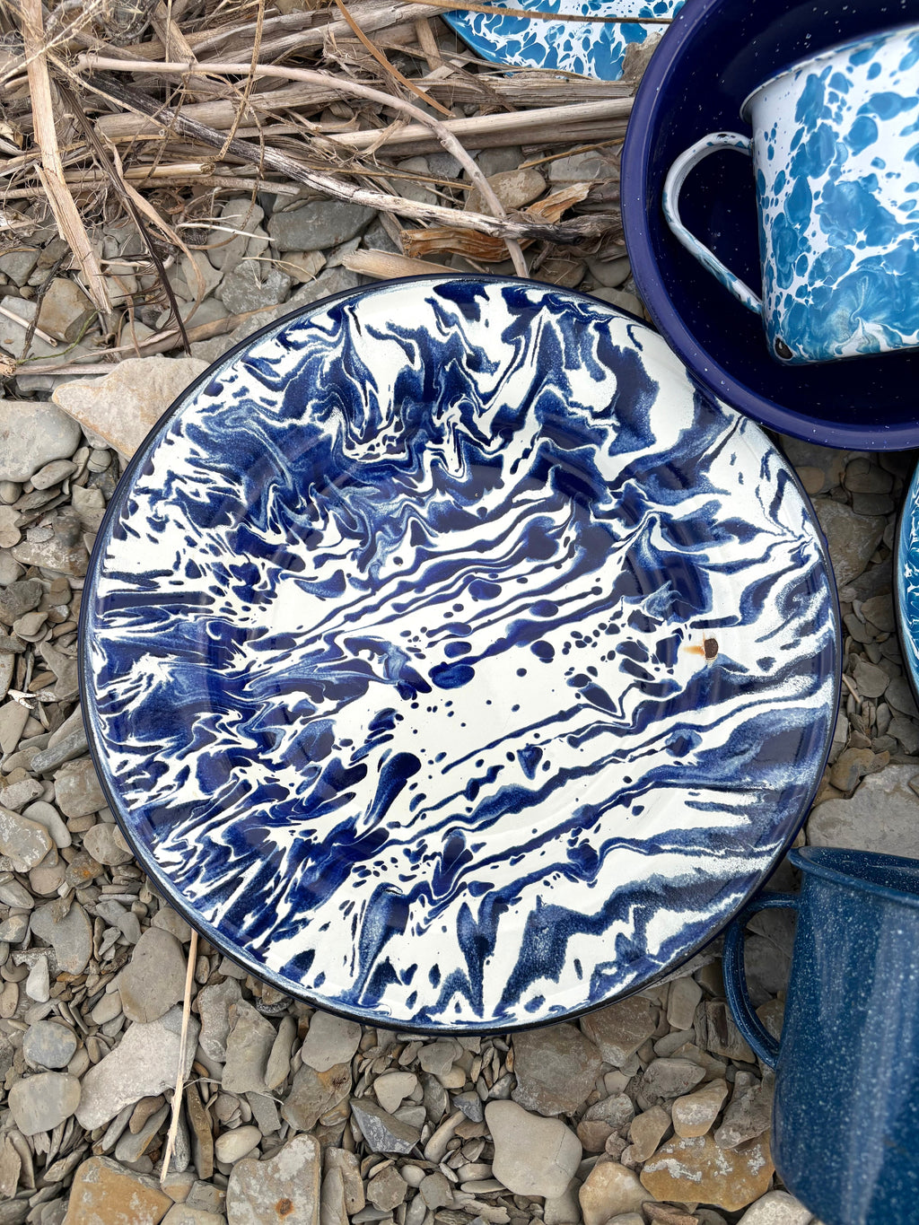 Set of Mixed Blue and White Enamelware Dishes