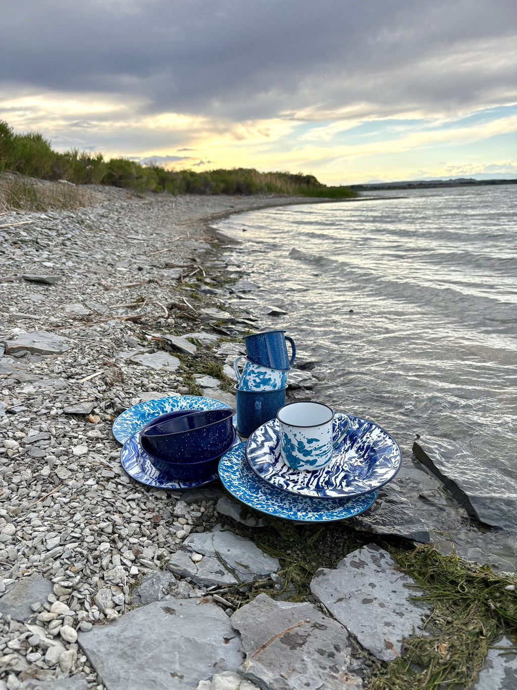 Set of Mixed Blue and White Enamelware Dishes