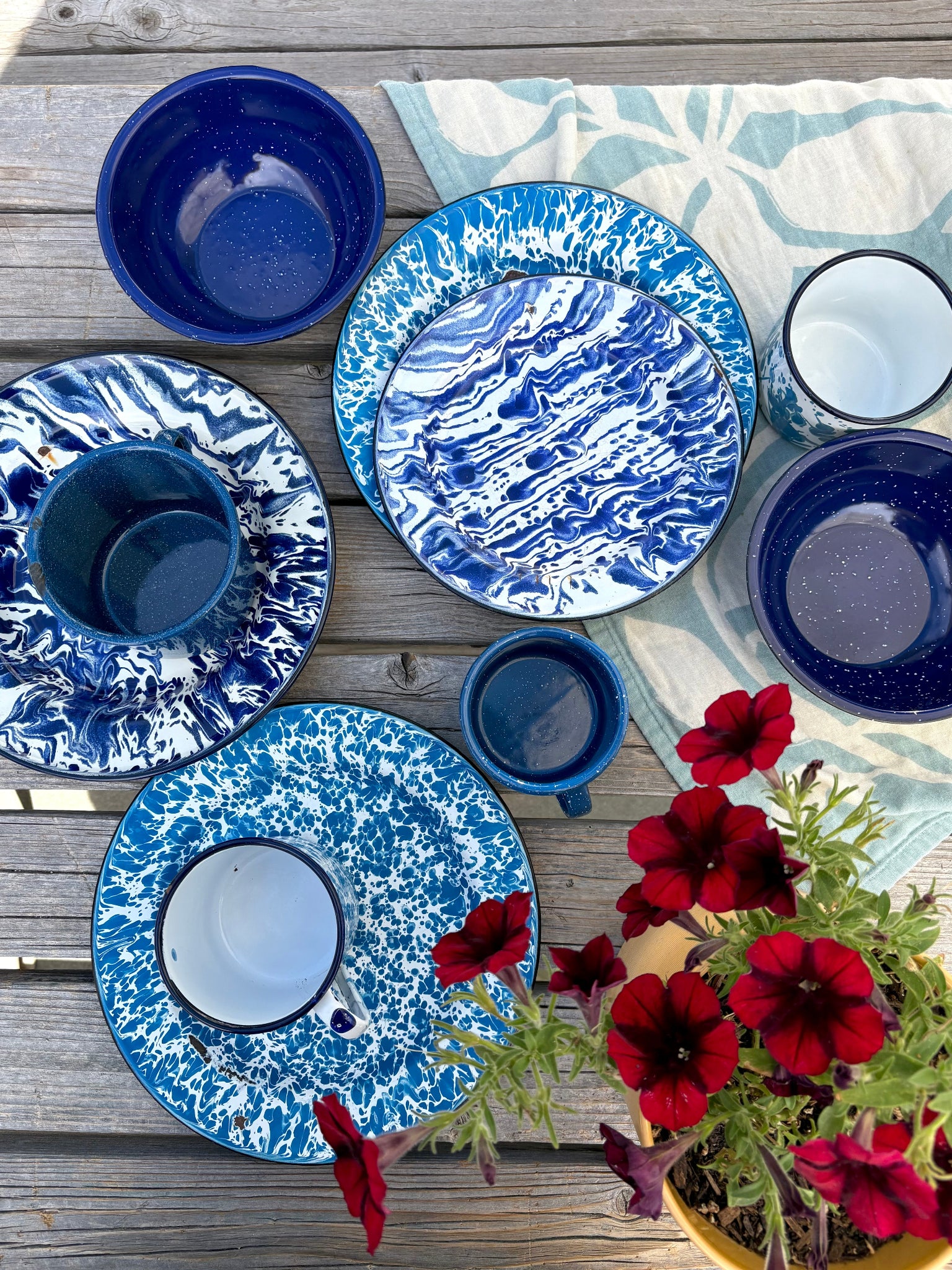 Set of Mixed Blue and White Enamelware Dishes