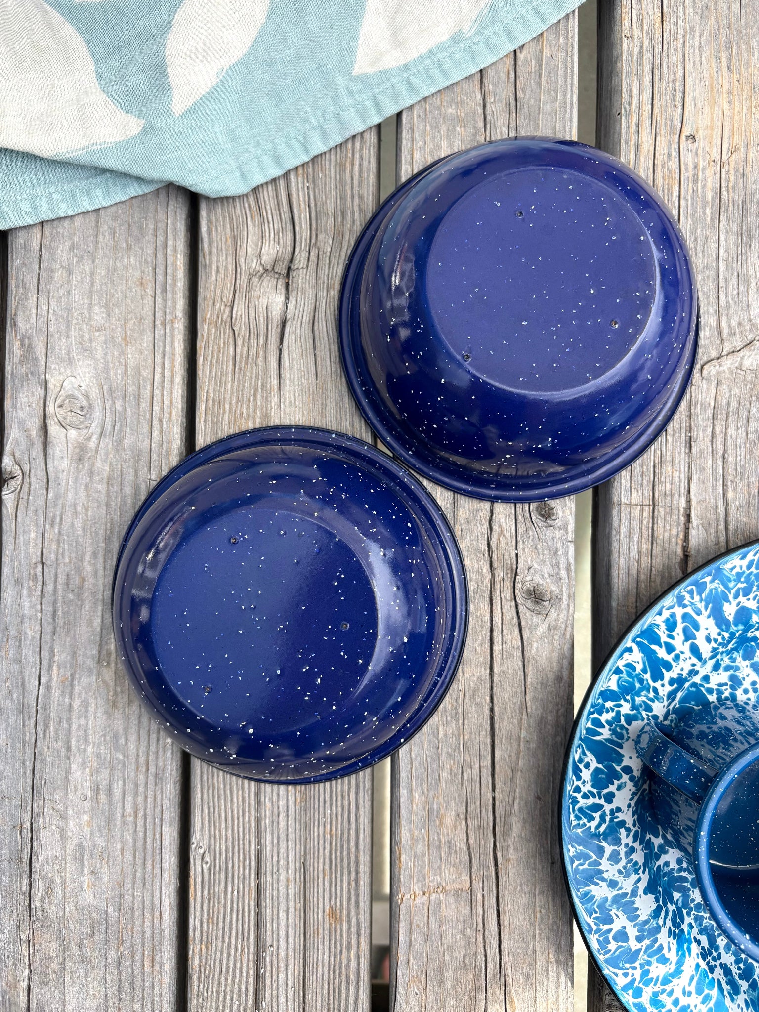 Set of Mixed Blue and White Enamelware Dishes