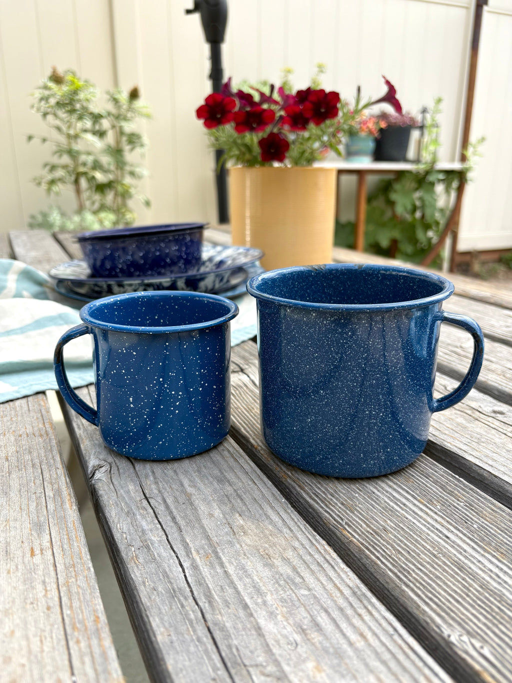 Set of Mixed Blue and White Enamelware Dishes