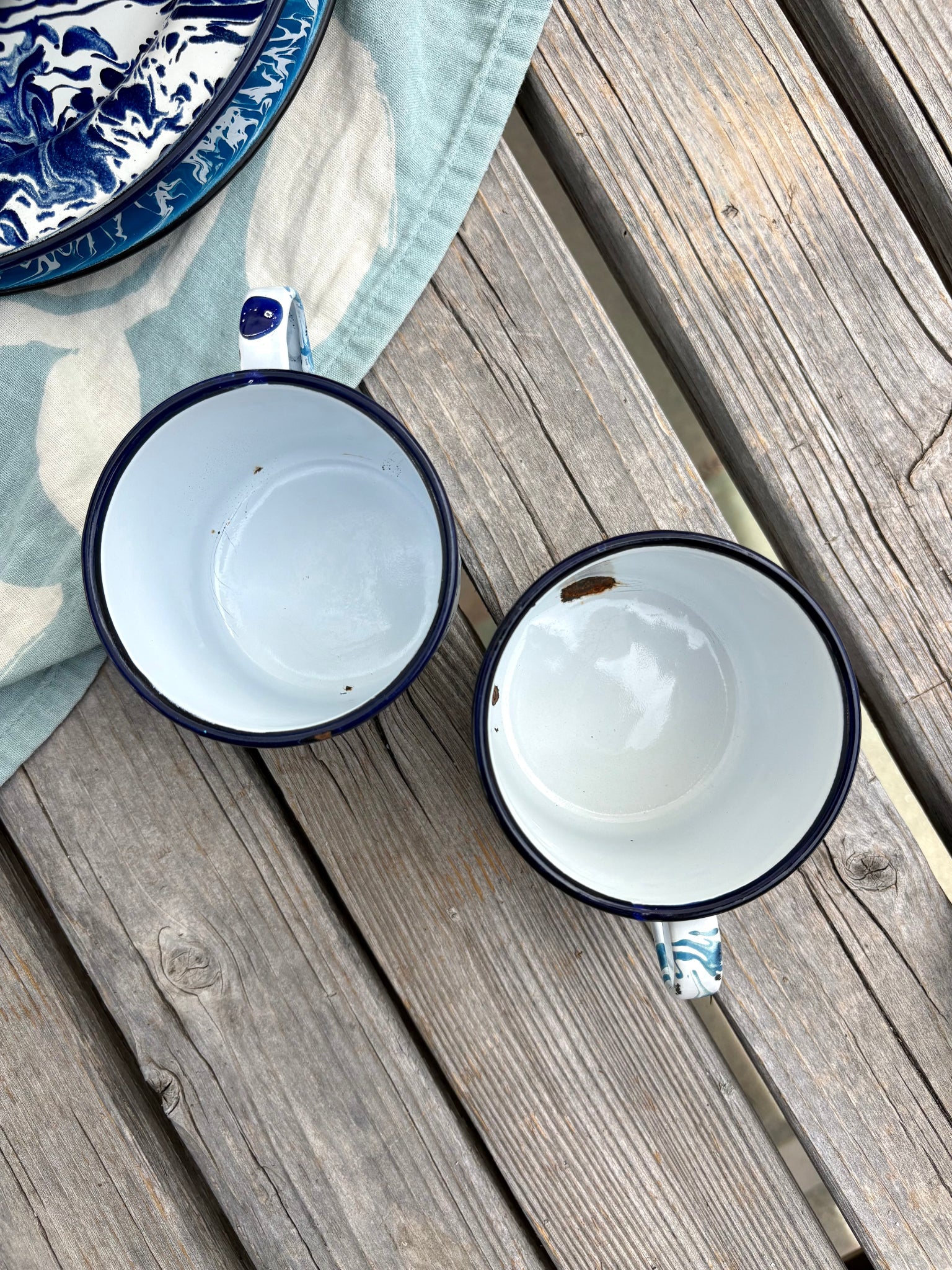Set of Mixed Blue and White Enamelware Dishes