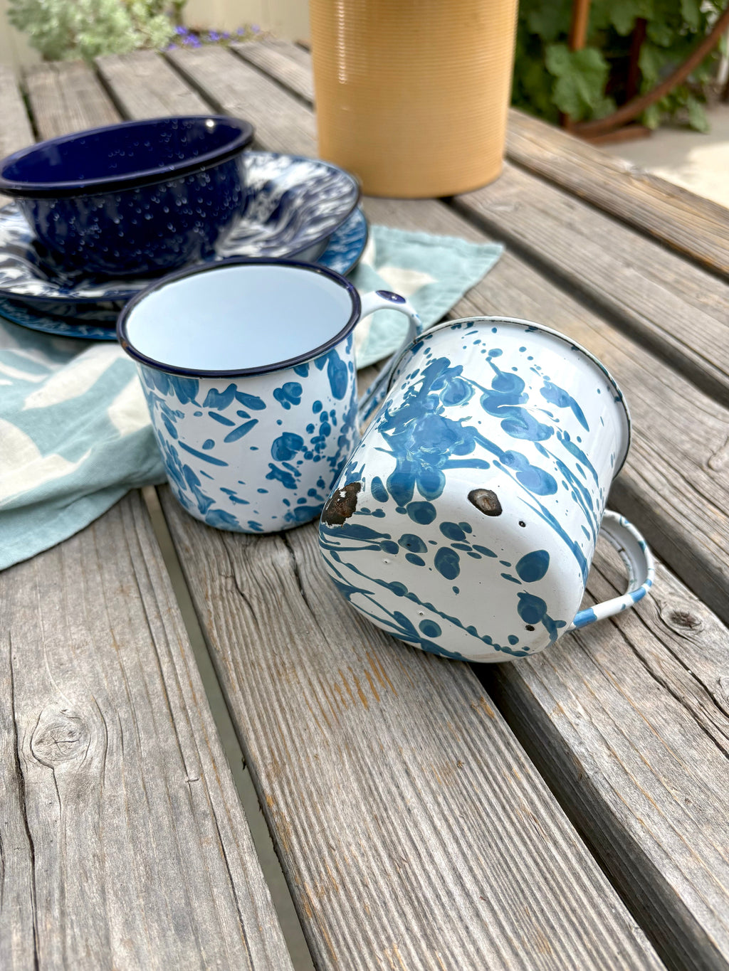 Set of Mixed Blue and White Enamelware Dishes