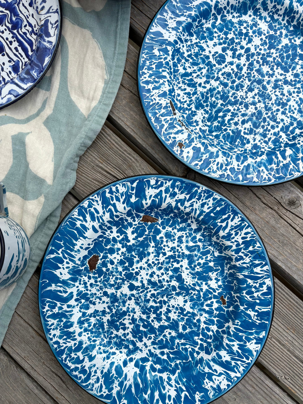 Set of Mixed Blue and White Enamelware Dishes