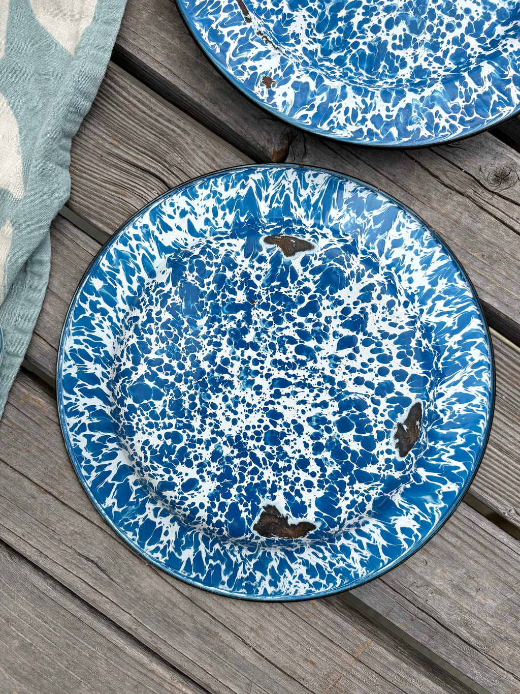 Set of Mixed Blue and White Enamelware Dishes