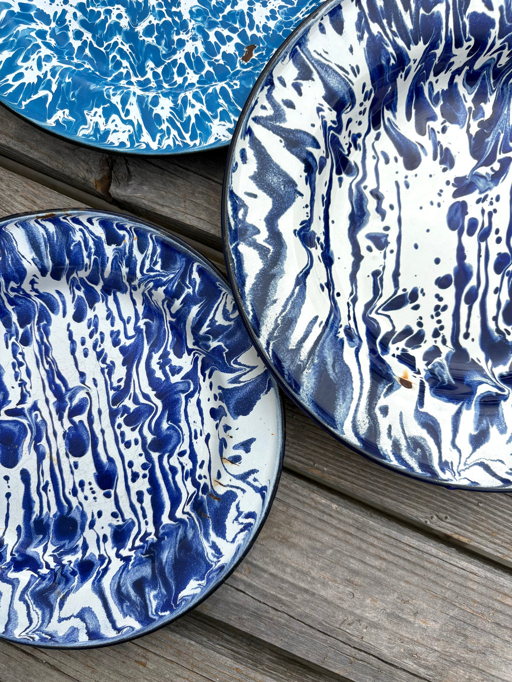Set of Mixed Blue and White Enamelware Dishes
