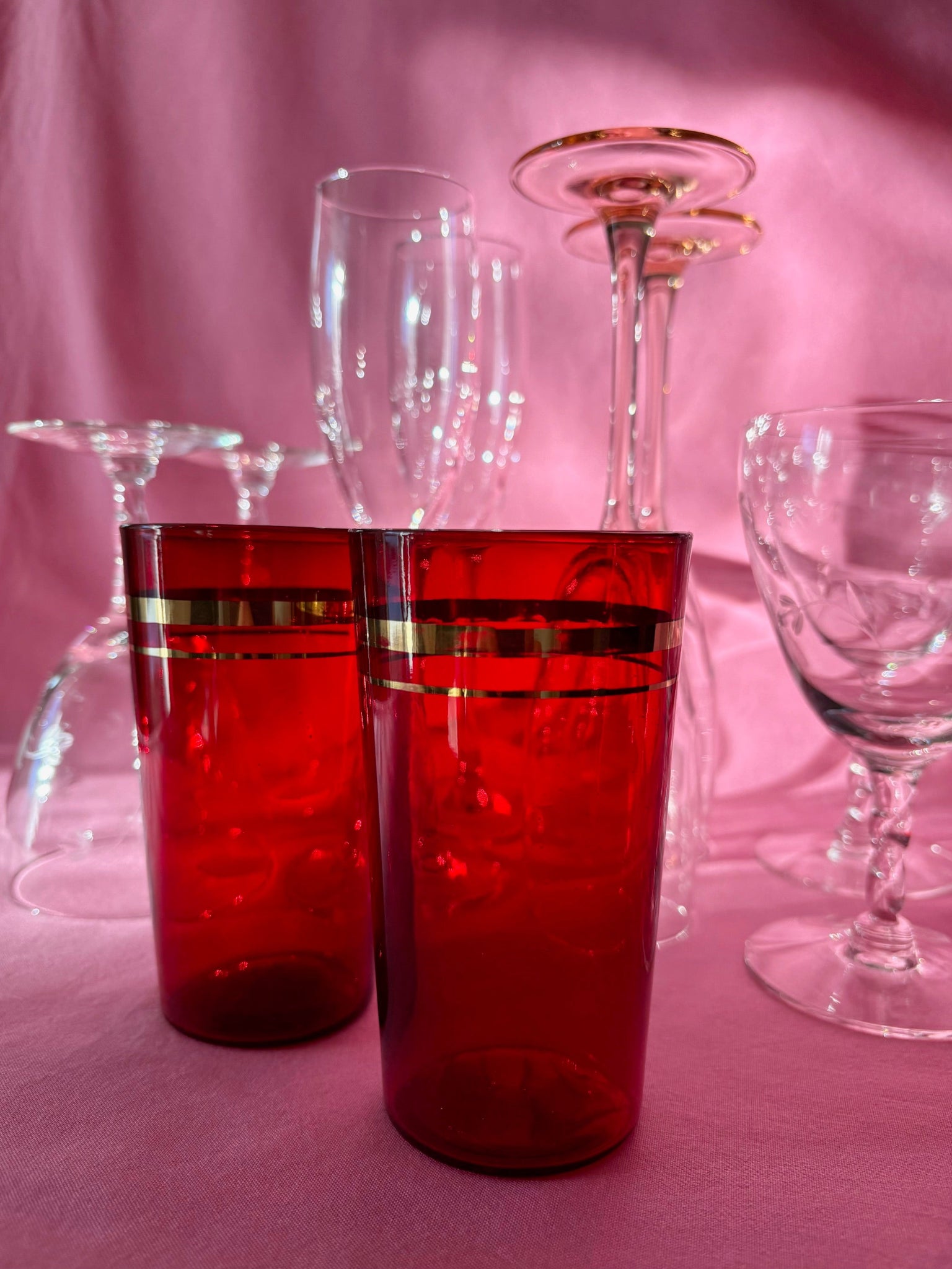 Ruby Red Glasses with Gold Stripes