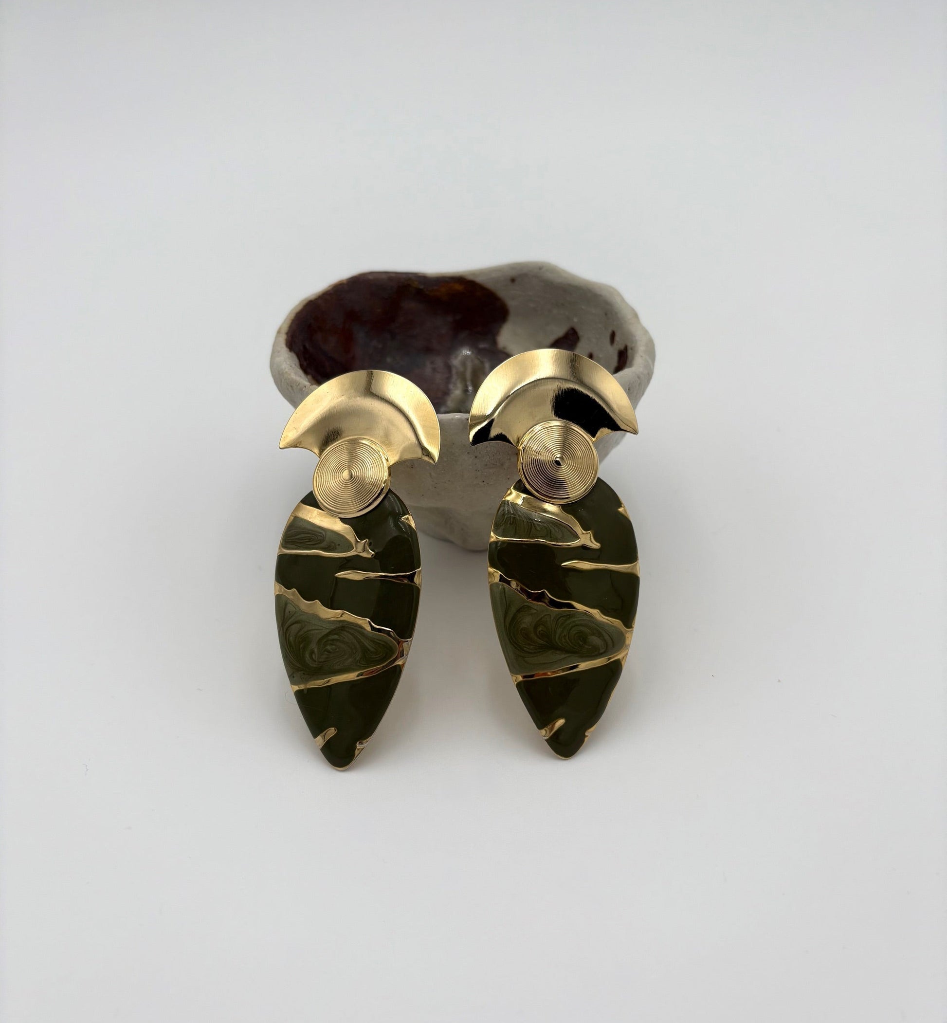 Gold and Olive Green Marbled Earrings