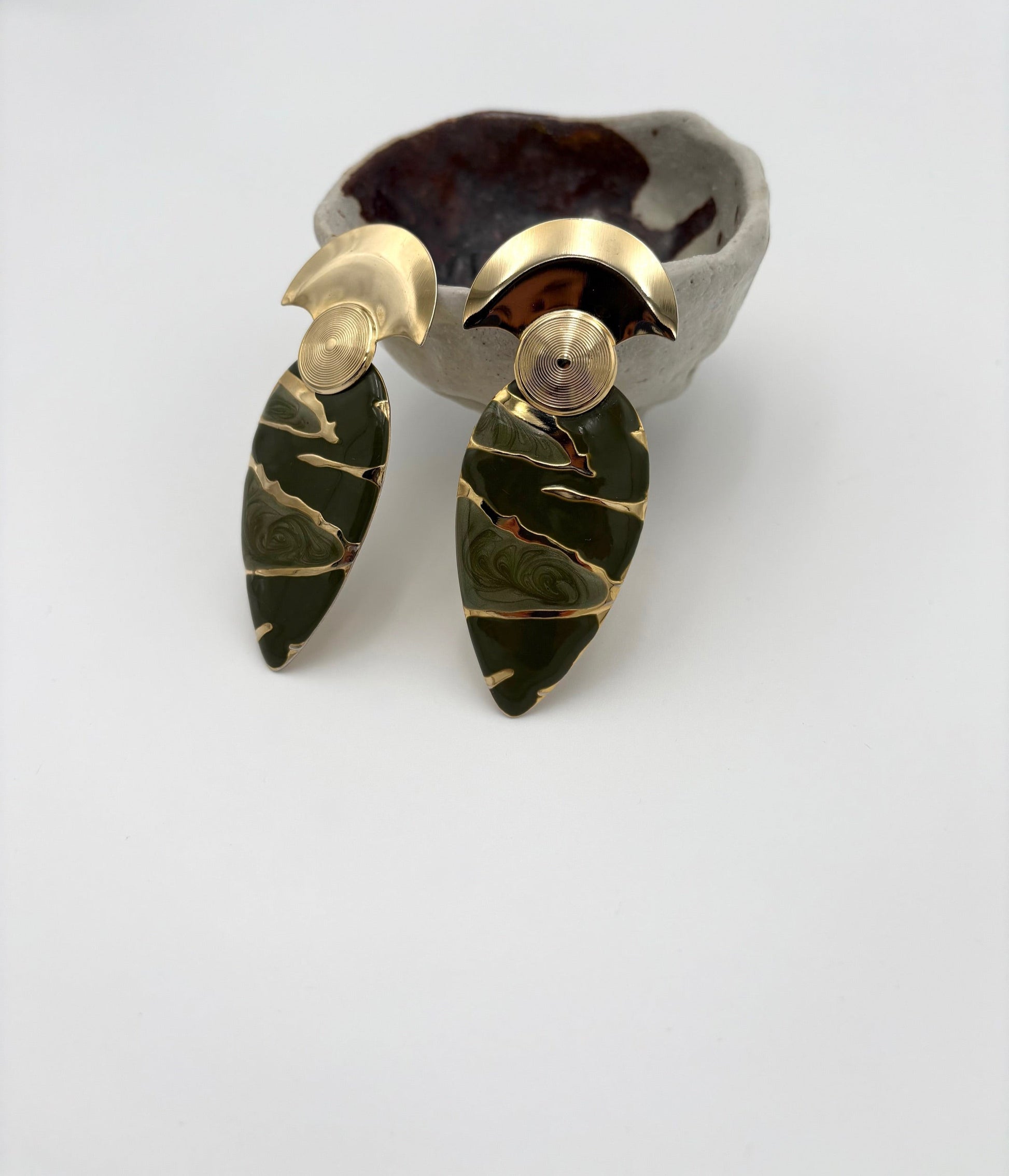 Gold and Olive Green Marbled Earrings