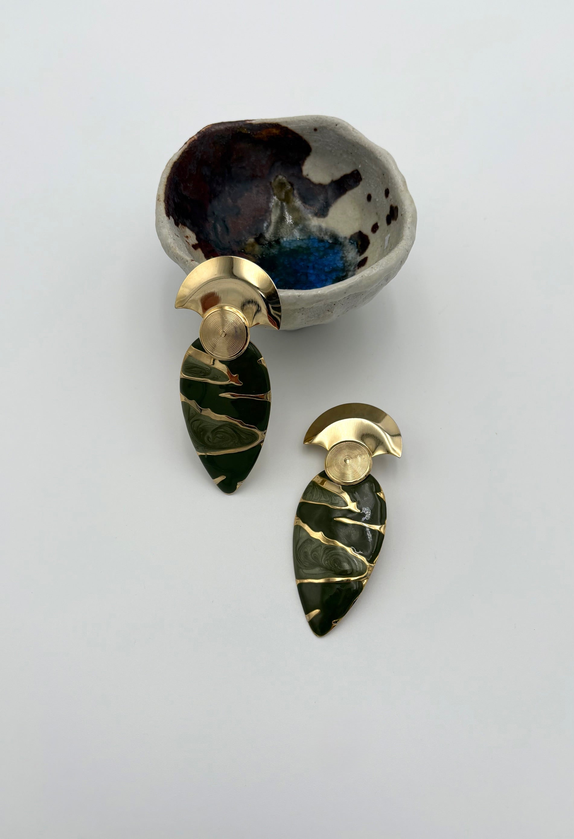Gold and Olive Green Marbled Earrings