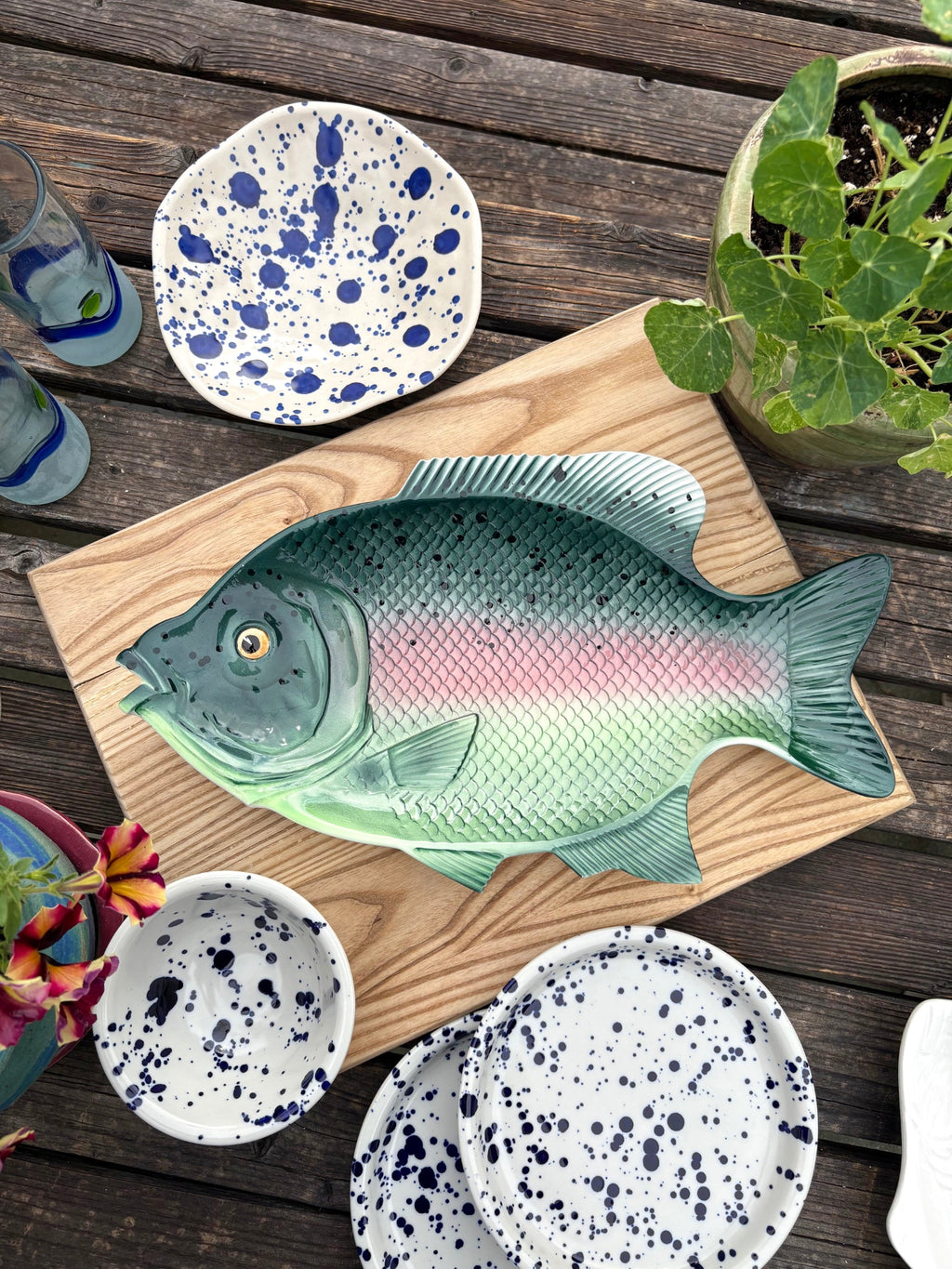 Vintage Green Fish with Pink Stripe Platter