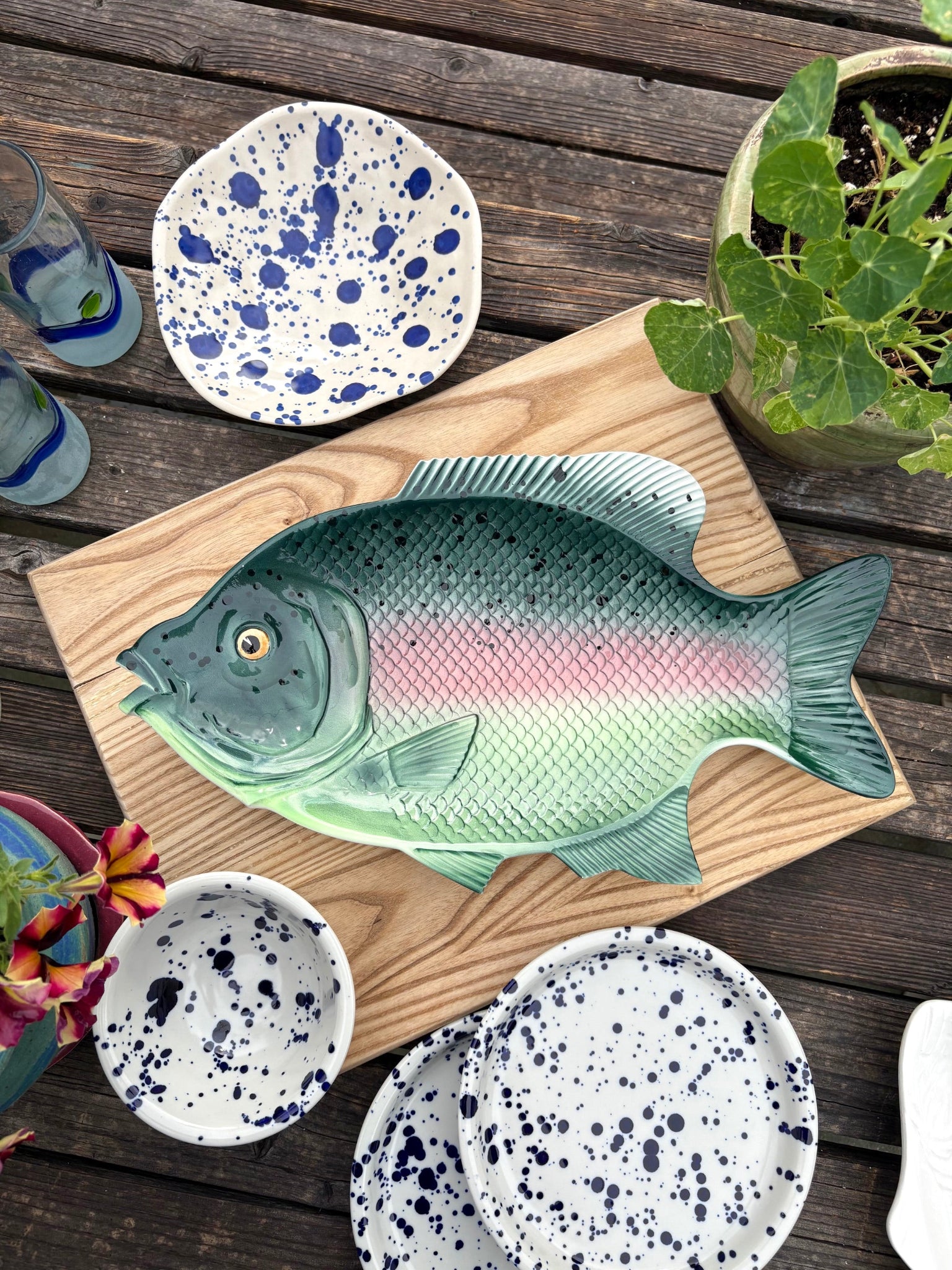 Vintage Green Fish with Pink Stripe Platter