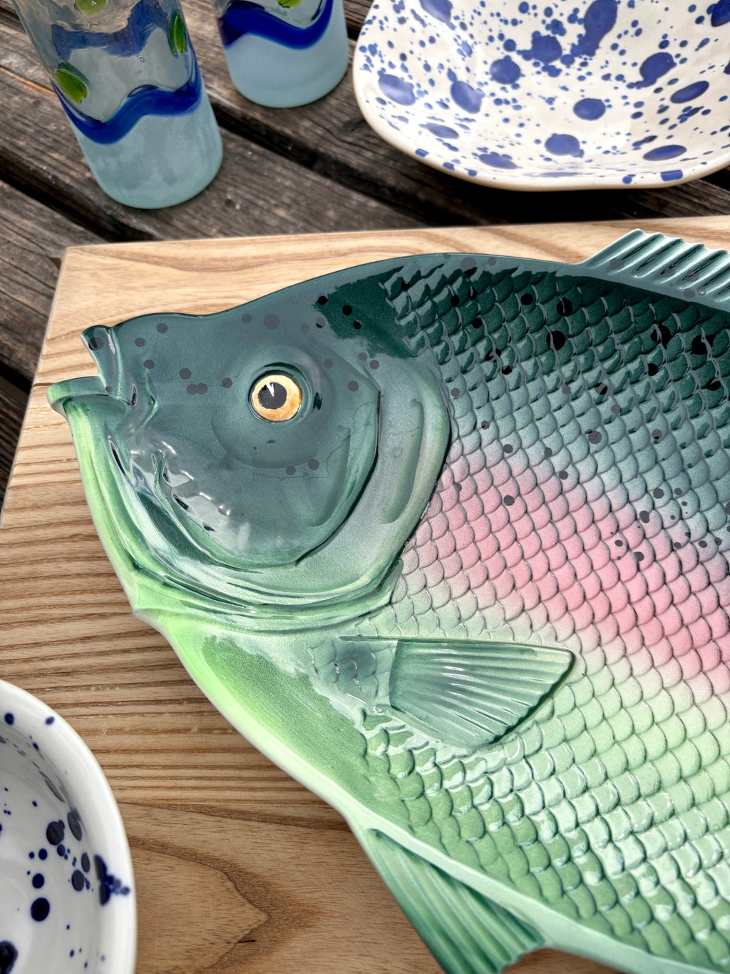 Vintage Green Fish with Pink Stripe Platter
