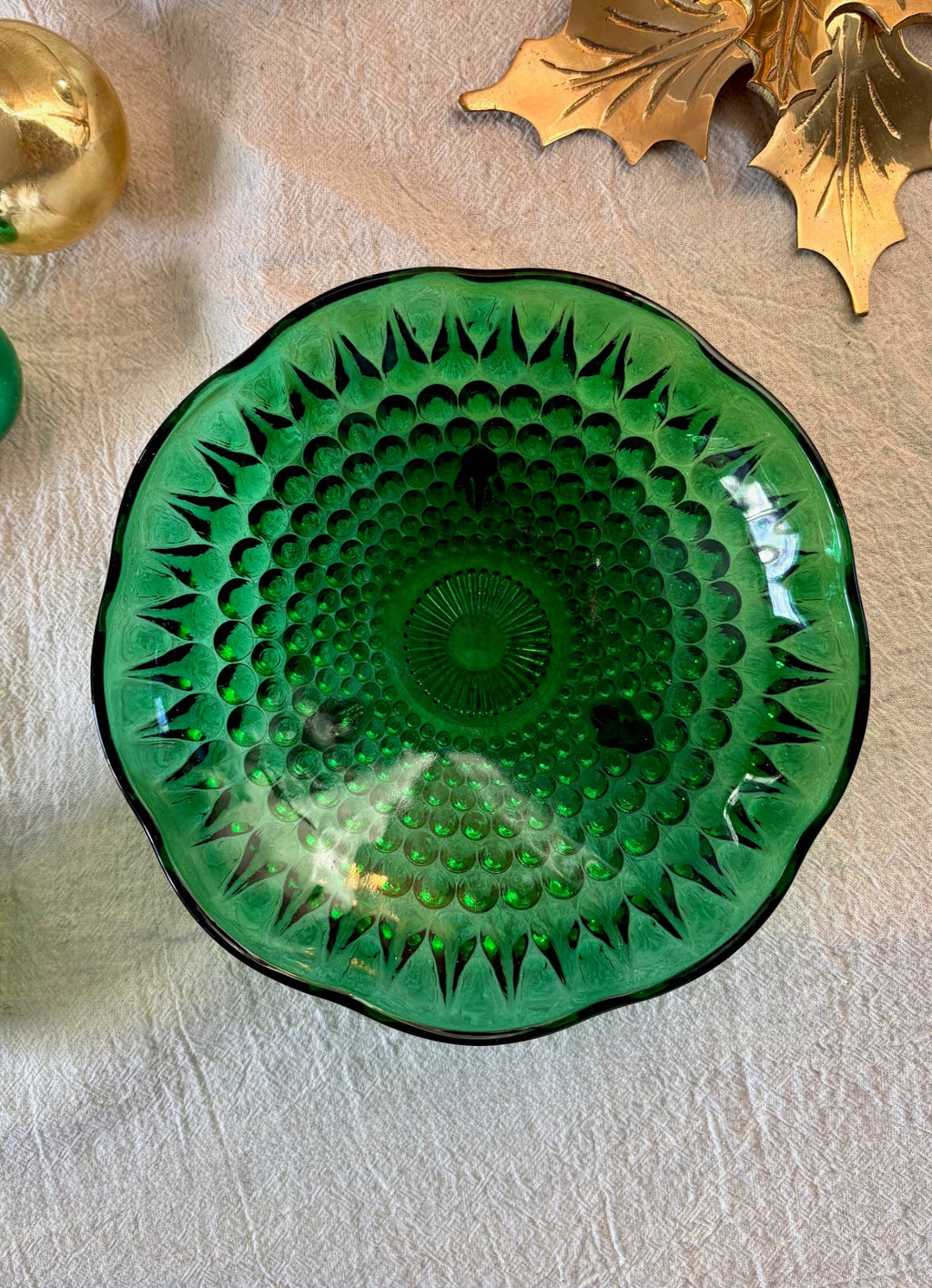Green Hobnail Glass Dish