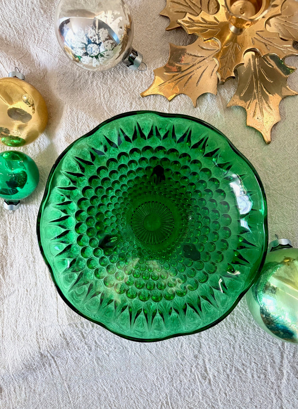 Green Hobnail Glass Dish