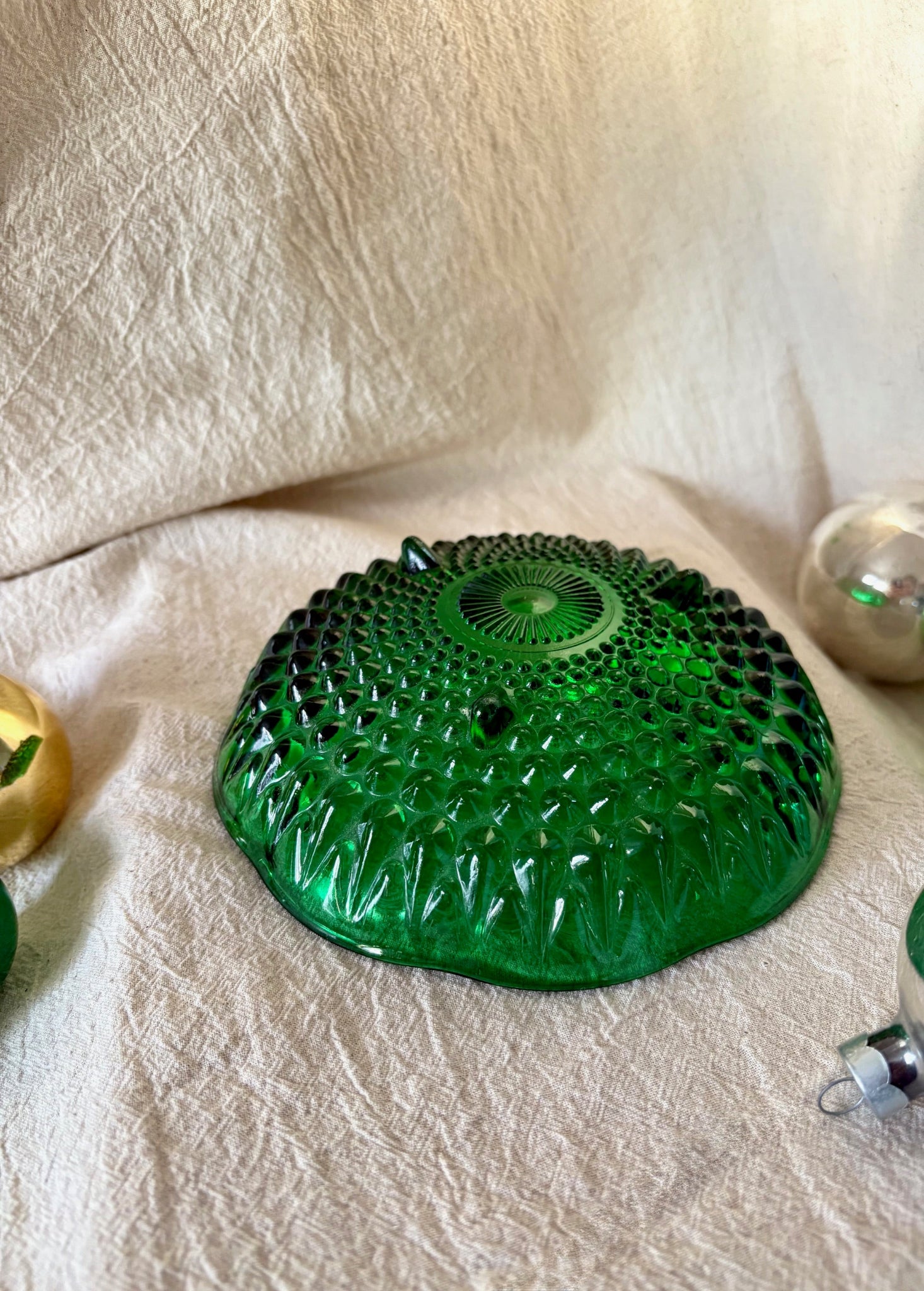 Green Hobnail Glass Dish
