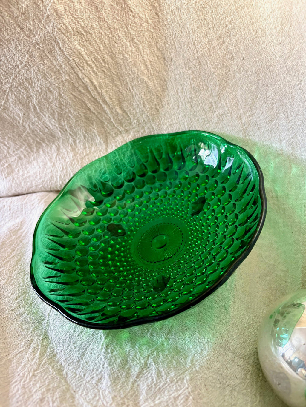 Green Hobnail Glass Dish